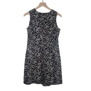 AKA Eddie Bauer Brown Linen Shift Dress V-Neck Sleeveless Fern Floral VTG Size 6